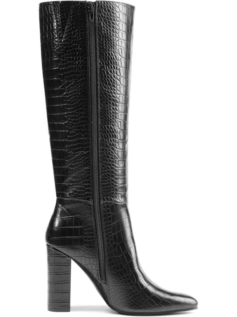 Women's Black-Croco Faux Leather Chunky Heel Pointed Toe Side Zip Knee High Boot - Picture 5 of 8